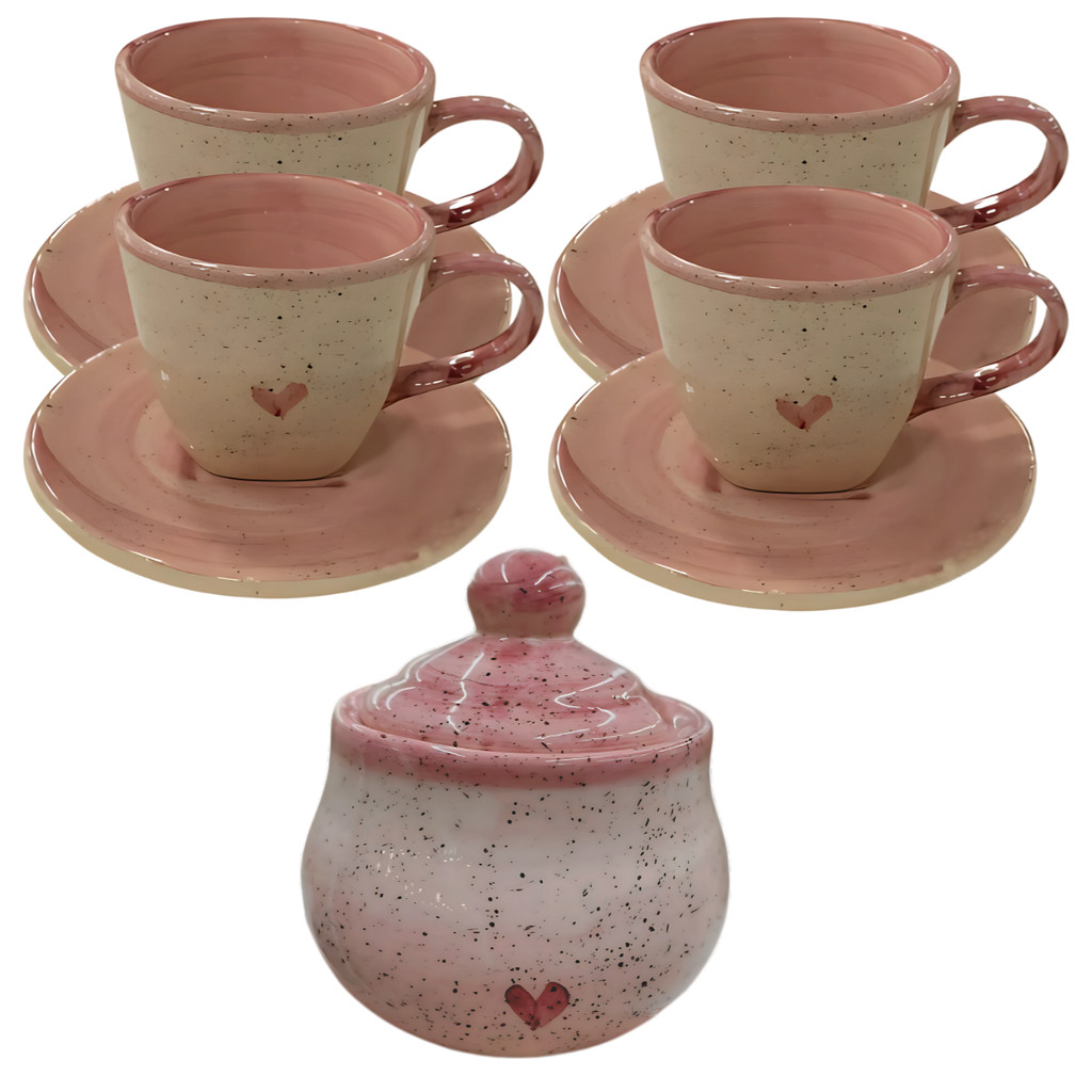Kit Xícaras De Chá 4 Unidades Com Pires 200ml E Açucareiro Rosa Coração Cerâmica - Imagem 2