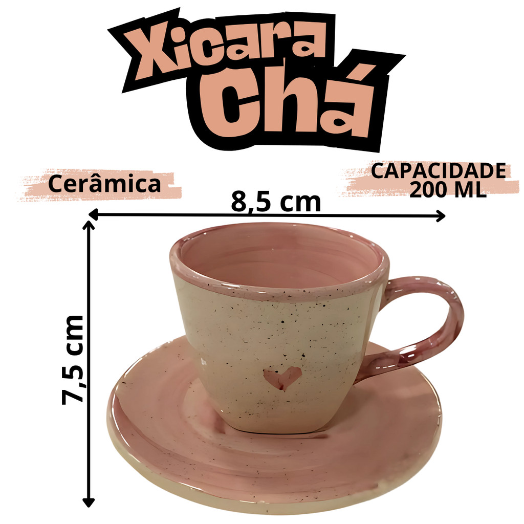 Kit Xícaras De Chá 4 Unidades Com Pires 200ml E Açucareiro Rosa Coração Cerâmica - Imagem 3