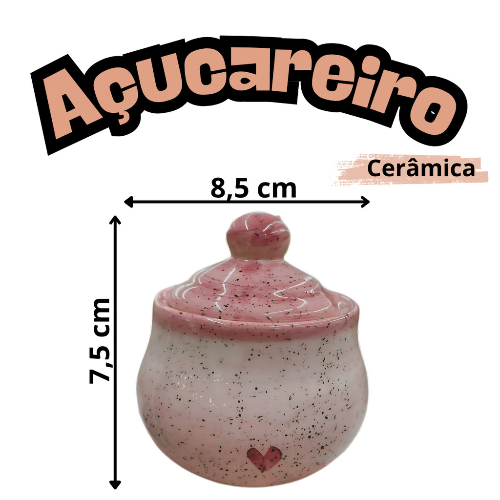 Kit Xícaras De Chá 4 Unidades Com Pires 200ml E Açucareiro Rosa Coração Cerâmica - Imagem 4