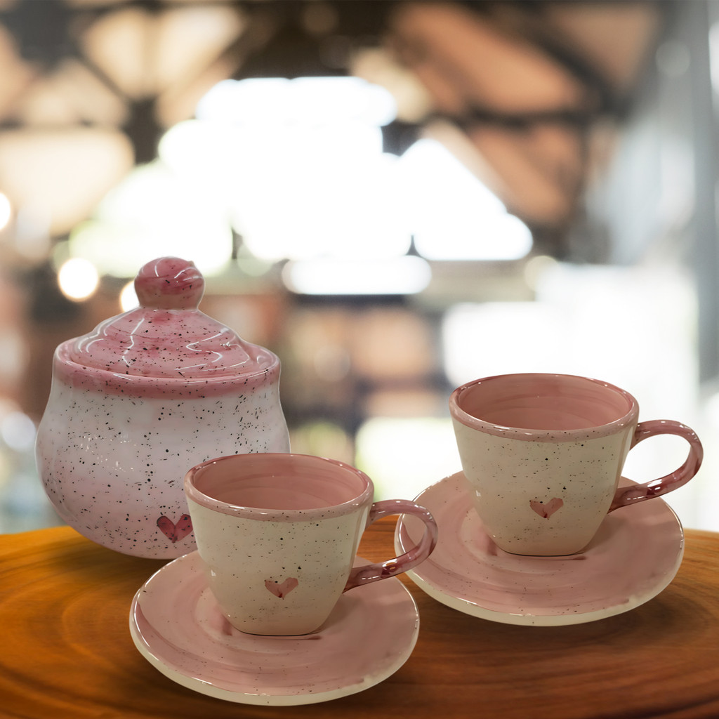 Kit Xícaras De Chá 4 Unidades Com Pires 200ml E Açucareiro Rosa Coração Cerâmica - Imagem 5