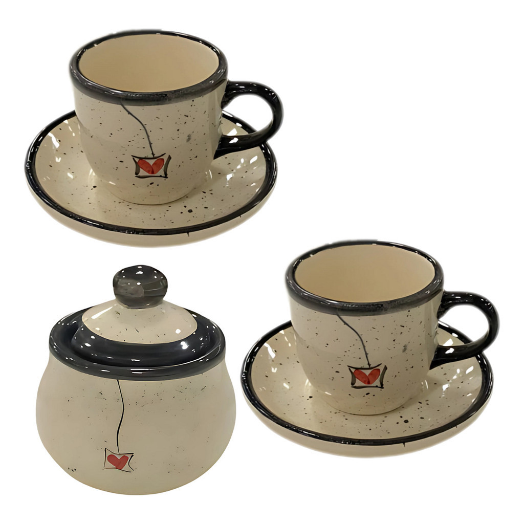 Kit 2 Xícaras De Café 60ml Com Pires E Açucareiro Cerâmica Preto Pintada à mão
