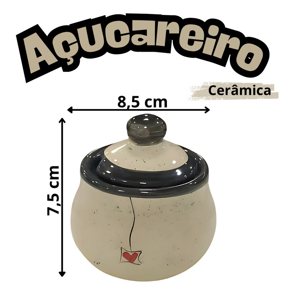 Kit 2 Xícaras De Café 60ml Com Pires E Açucareiro Cerâmica Preto Pintada à mão - Imagem 3