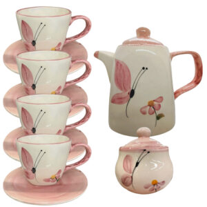 Jogo de Chá Chaleira Açucareiro 4 Xícaras Com Pires Para Servir Chá Borboleta Cerâmica