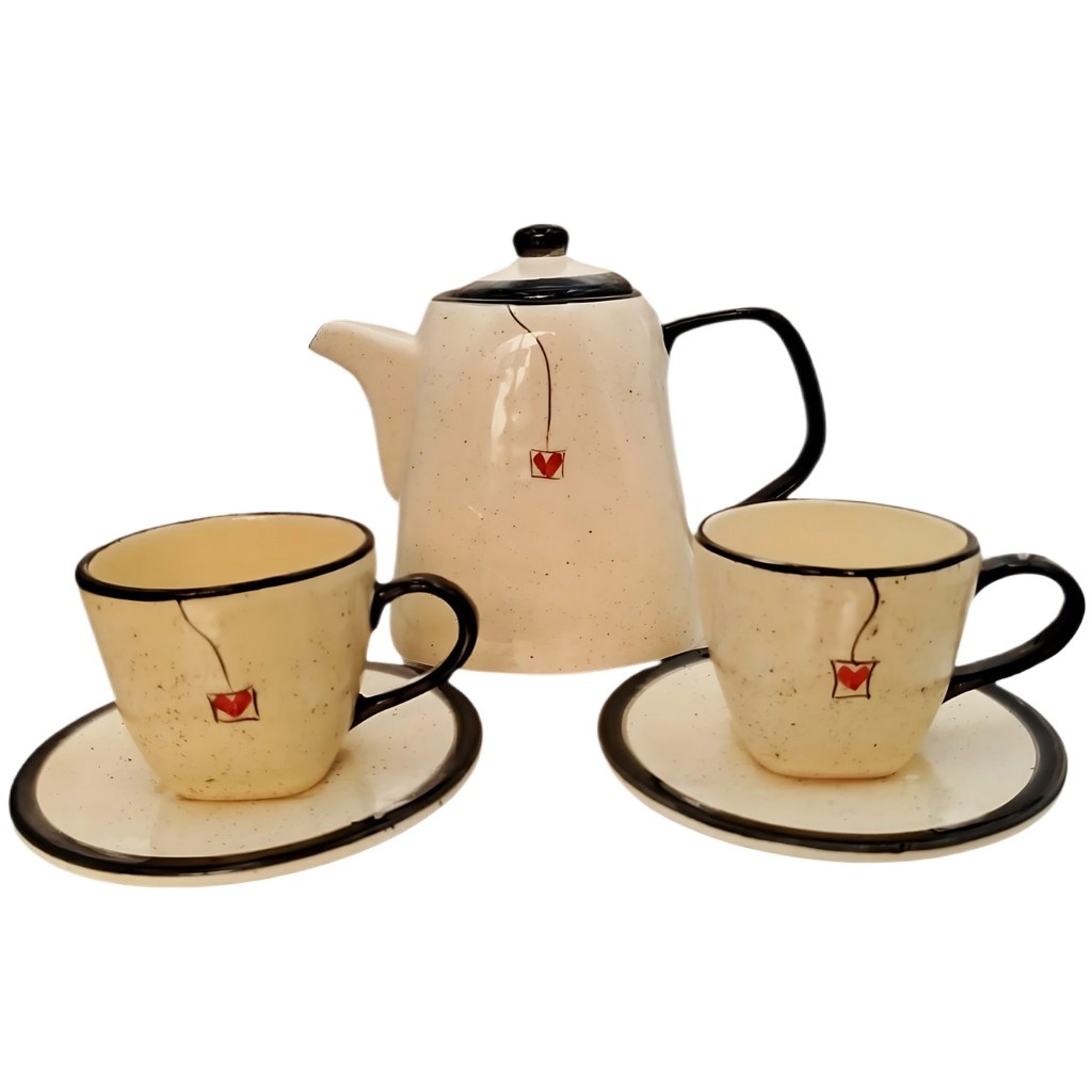 Kit de Chá com 5 peças 1 Chaleira 2 xícaras e 2 pires feitos em ceramica louça pintados a mão