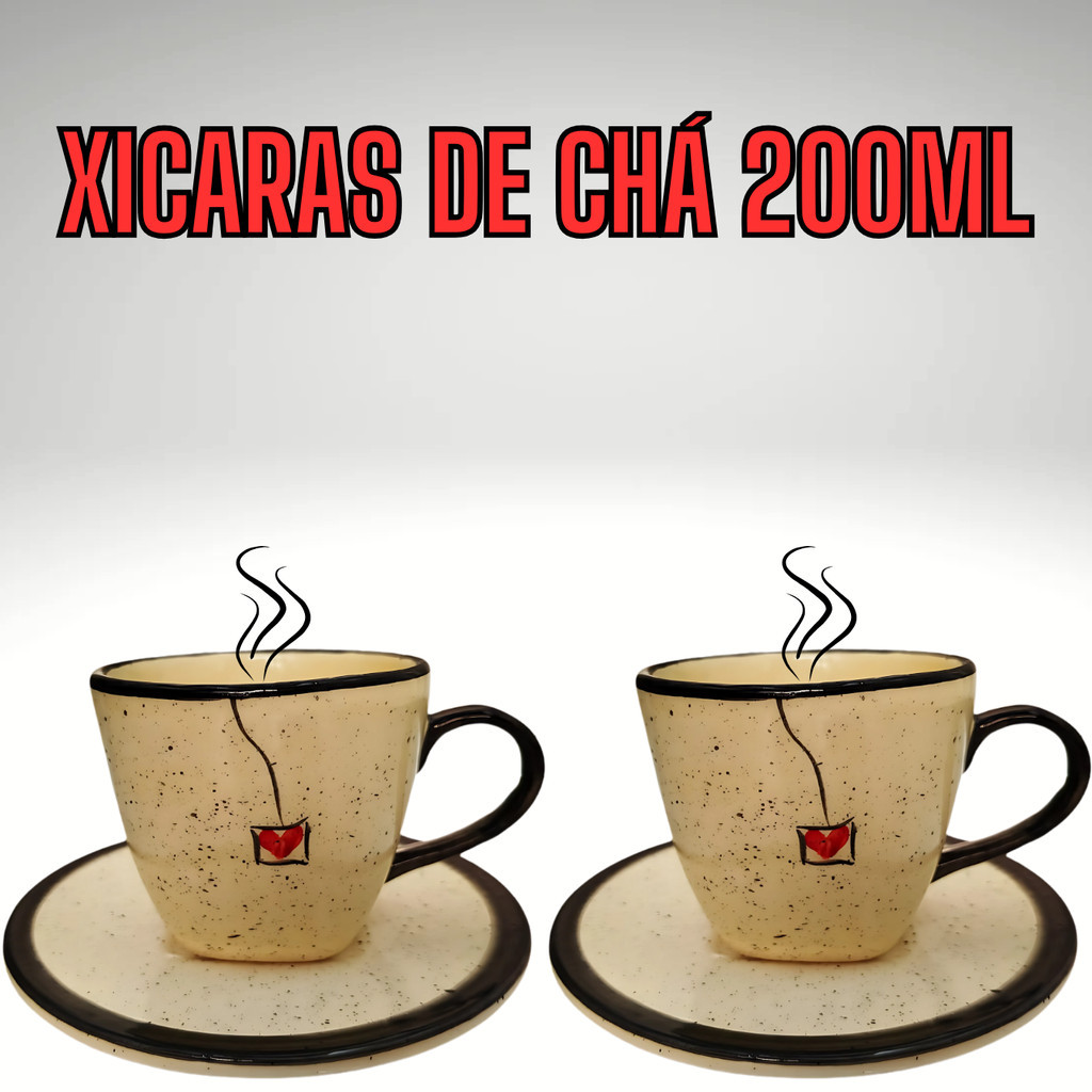 Kit de Chá com 5 peças 1 Chaleira 2 xícaras e 2 pires feitos em ceramica louça pintados a mão - Imagem 2