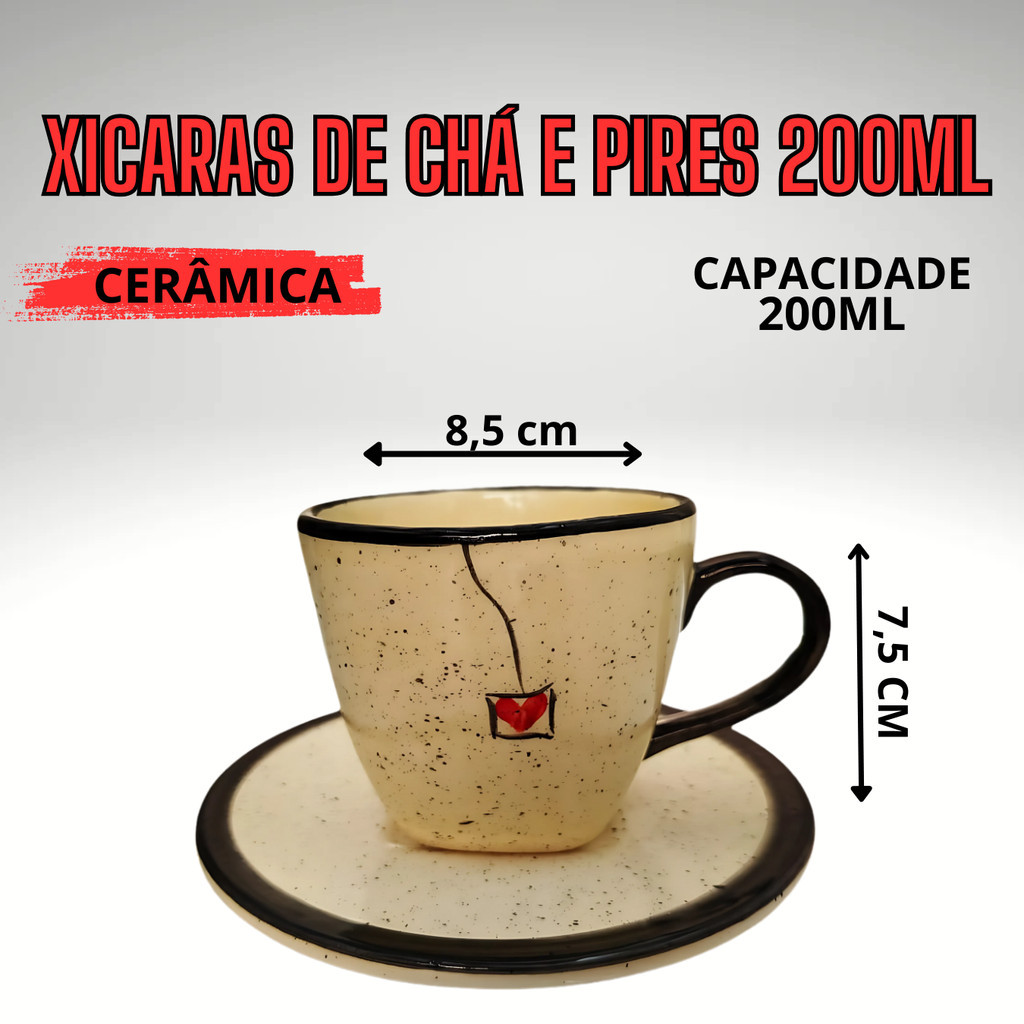 Kit de Chá com 5 peças 1 Chaleira 2 xícaras e 2 pires feitos em ceramica louça pintados a mão - Imagem 3