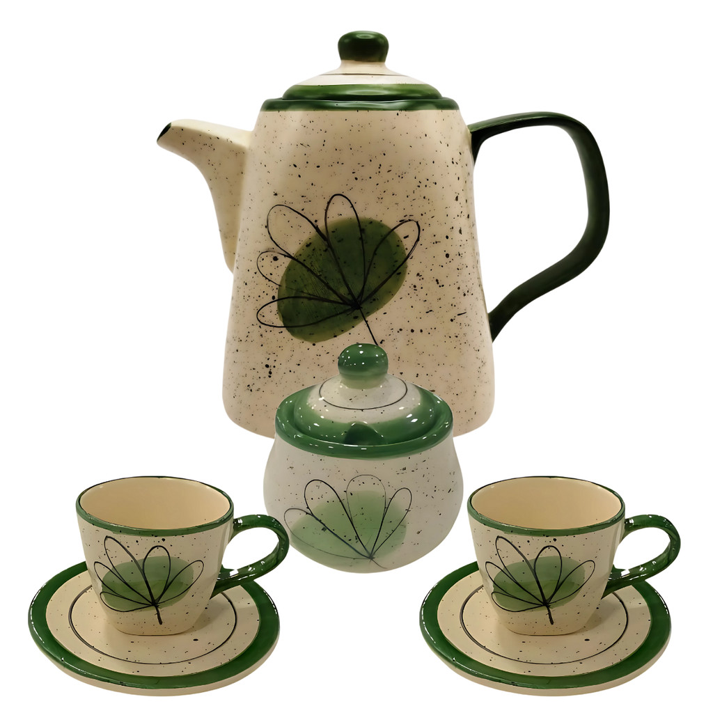 Kit de Chá Com Chaleira Açucareiro 2 Xícaras e Pires Pintados á Mão Verde Cerâmica - Imagem 4