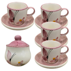 Kit Xícaras De Chá 4 Unidades Com Pires 200ml E Açucareiro Borboleta Cerâmica
