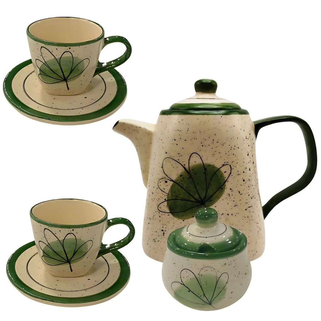 Jogo de Chá Chaleira Açucareiro 4 Xícaras Com Pires Para Servir Chá Verde Cerâmica - Imagem 3