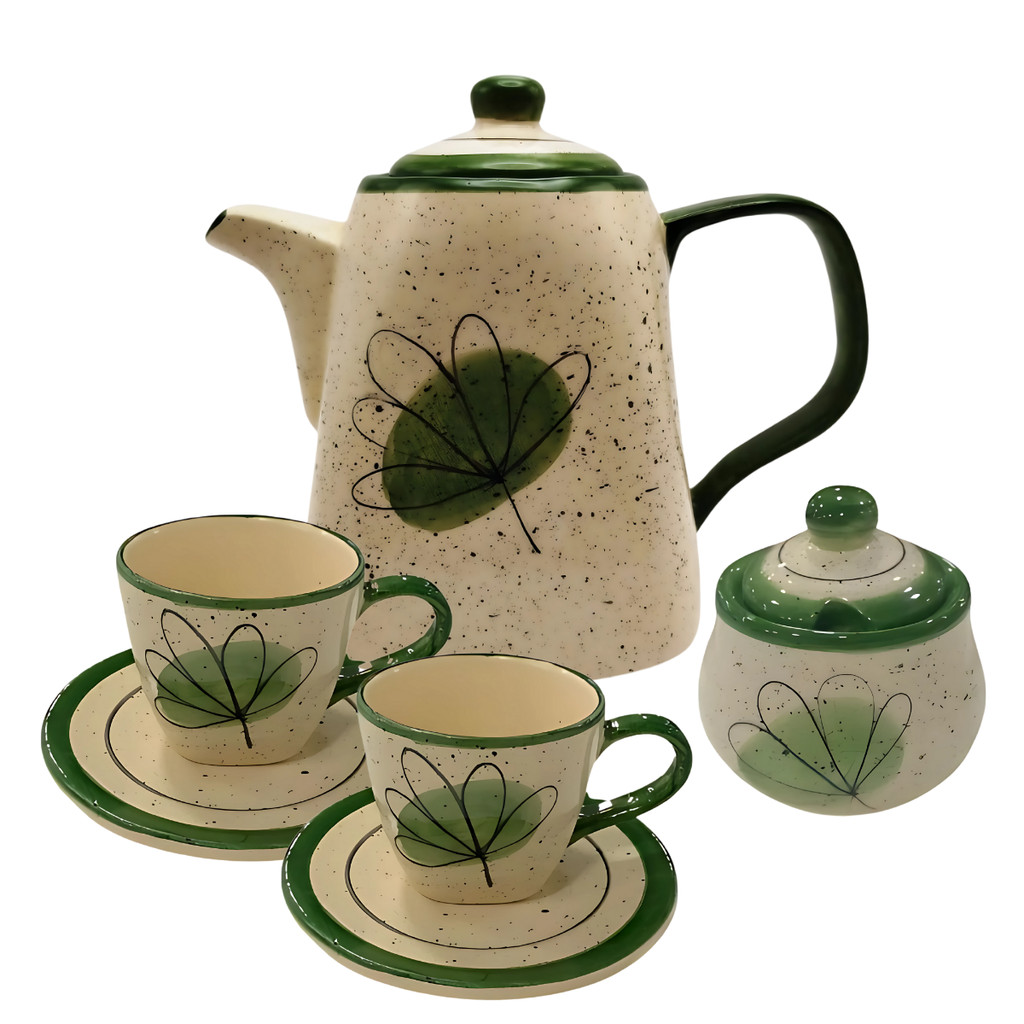 Jogo de Chá Chaleira Açucareiro 4 Xícaras Com Pires Para Servir Chá Verde Cerâmica - Imagem 5