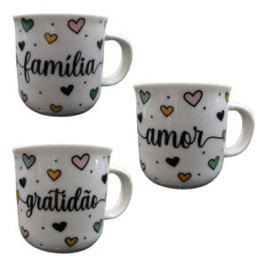 Kit 3 Xícaras Porcelana 180ml Estampas Amor Família e Gratidão
