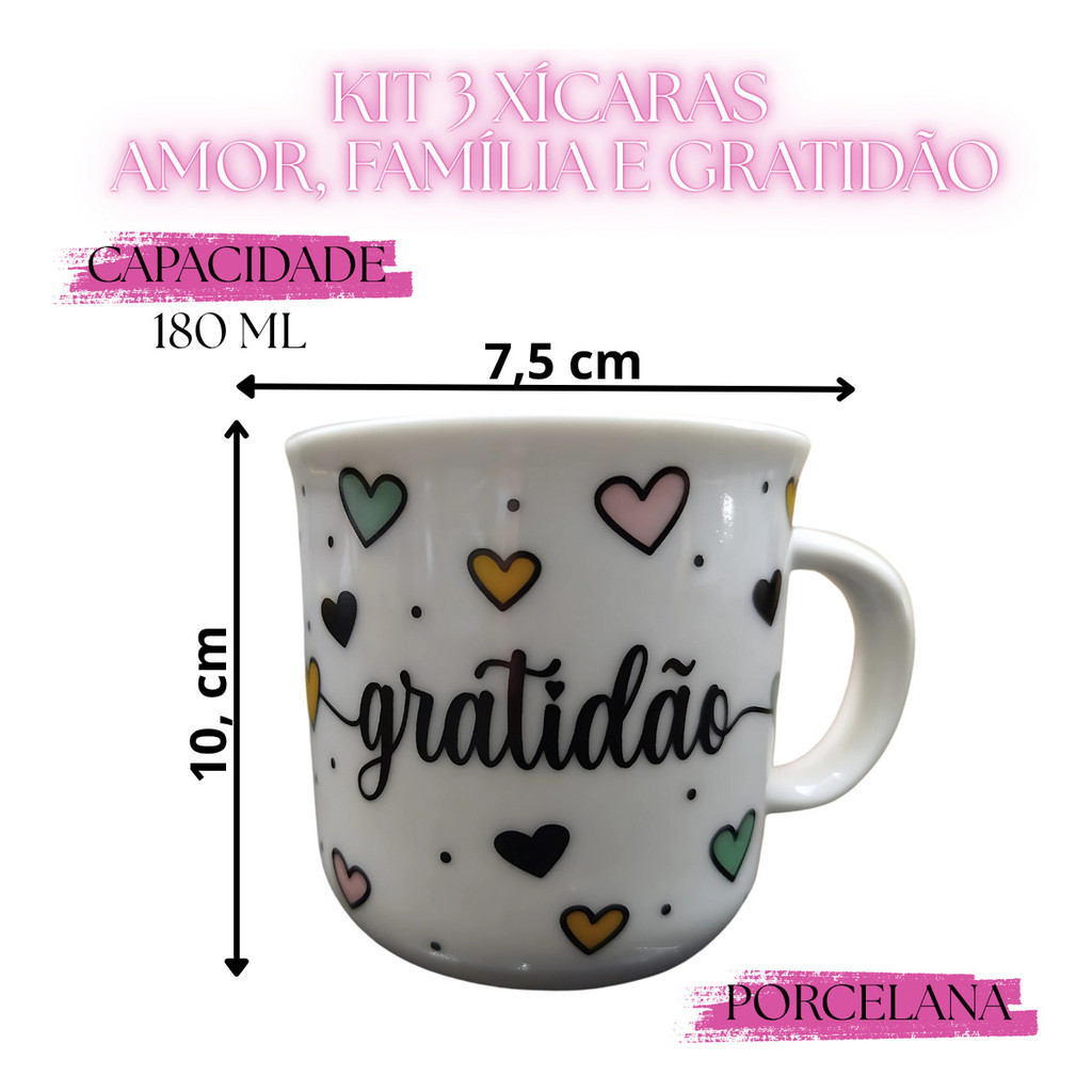 Kit 3 Xícaras Porcelana 180ml Estampas Amor Família e Gratidão - Imagem 2