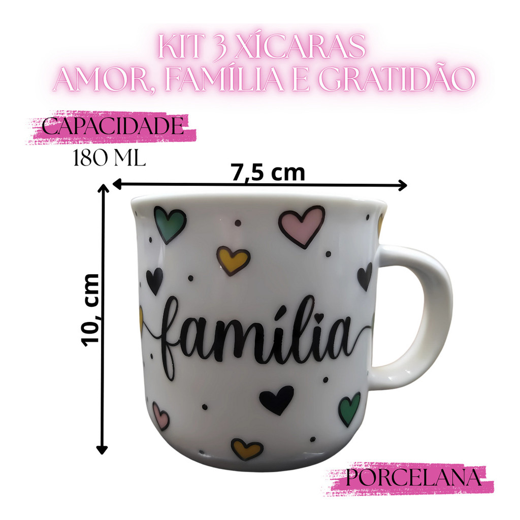 Kit 3 Xícaras Porcelana 180ml Estampas Amor Família e Gratidão - Imagem 3