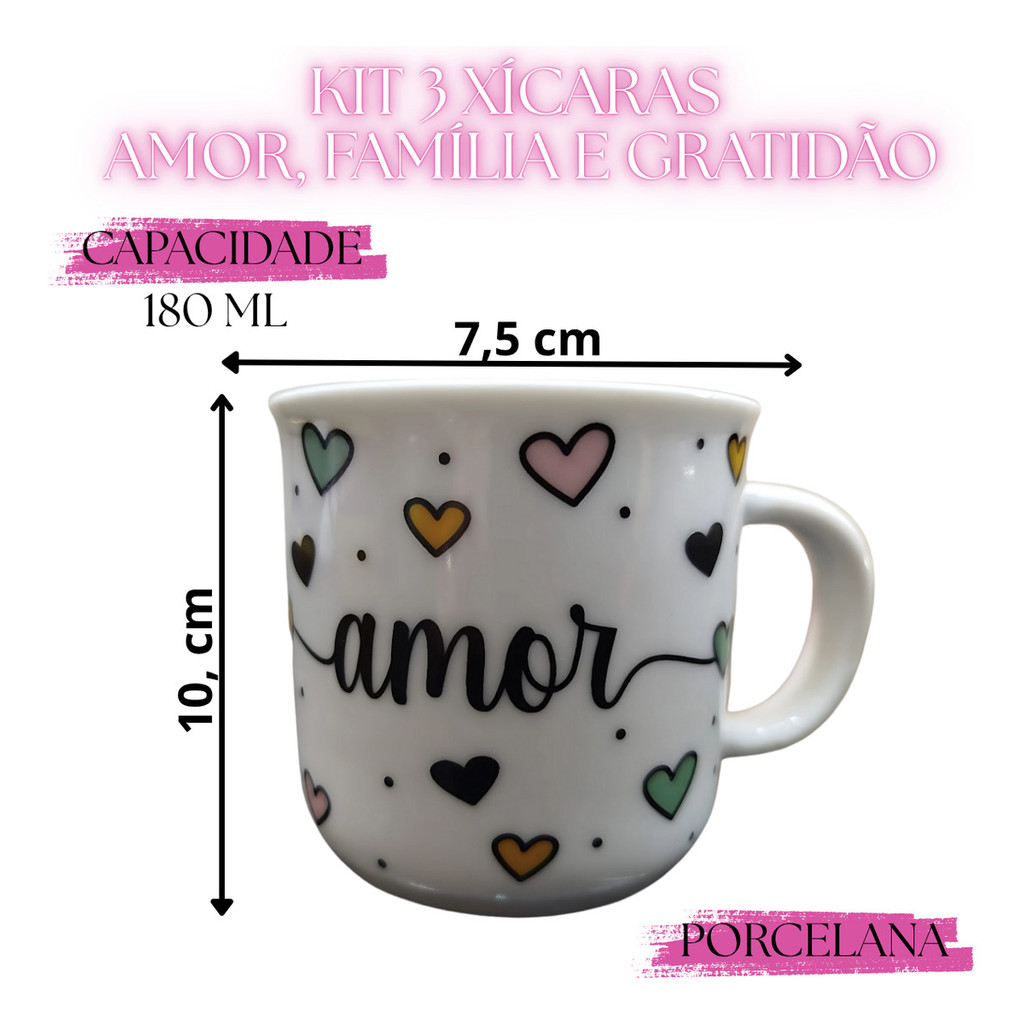 Kit 3 Xícaras Porcelana 180ml Estampas Amor Família e Gratidão - Imagem 4