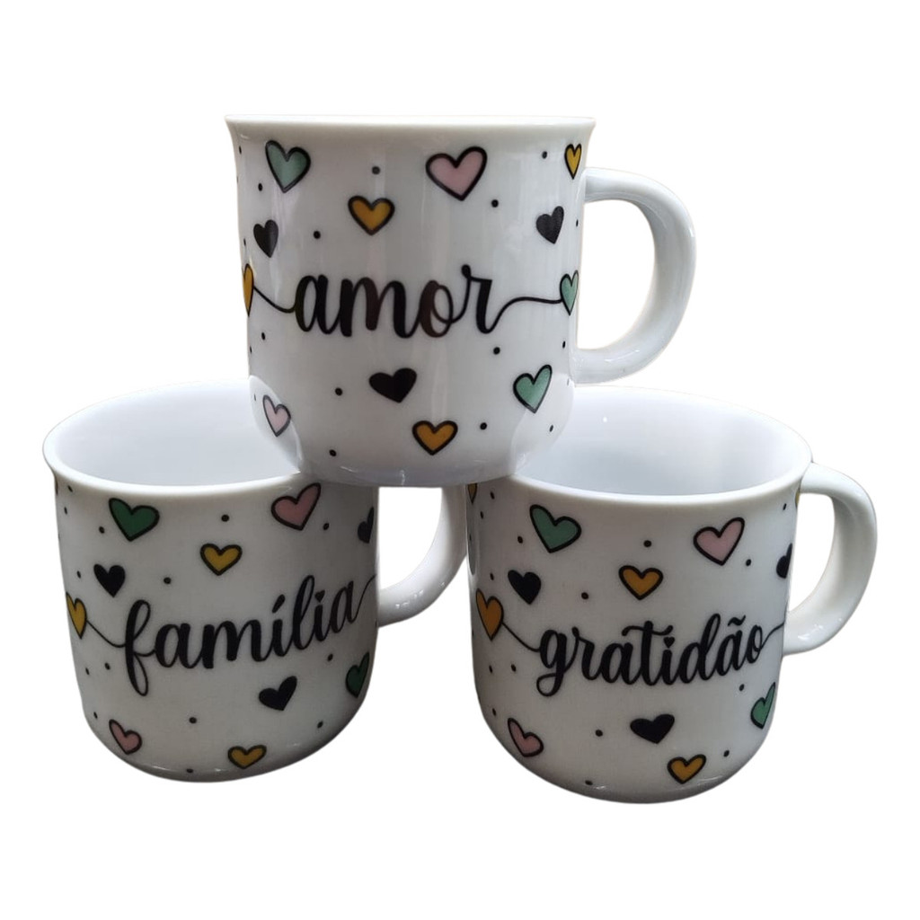 Kit 3 Xícaras Porcelana 180ml Estampas Amor Família e Gratidão - Imagem 5