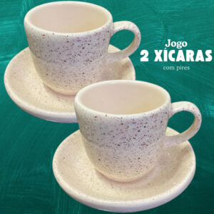 Jogo 2 Xícaras Café Branco Chapiscado Cerâmica Pintado á Mão