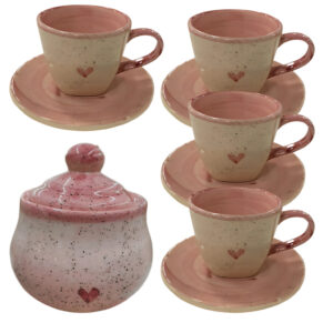 Xícaras De Chá 4 Unidades Com Pires 200ml E Açucareiro Rosa Coração pintados a mão em cerâmica