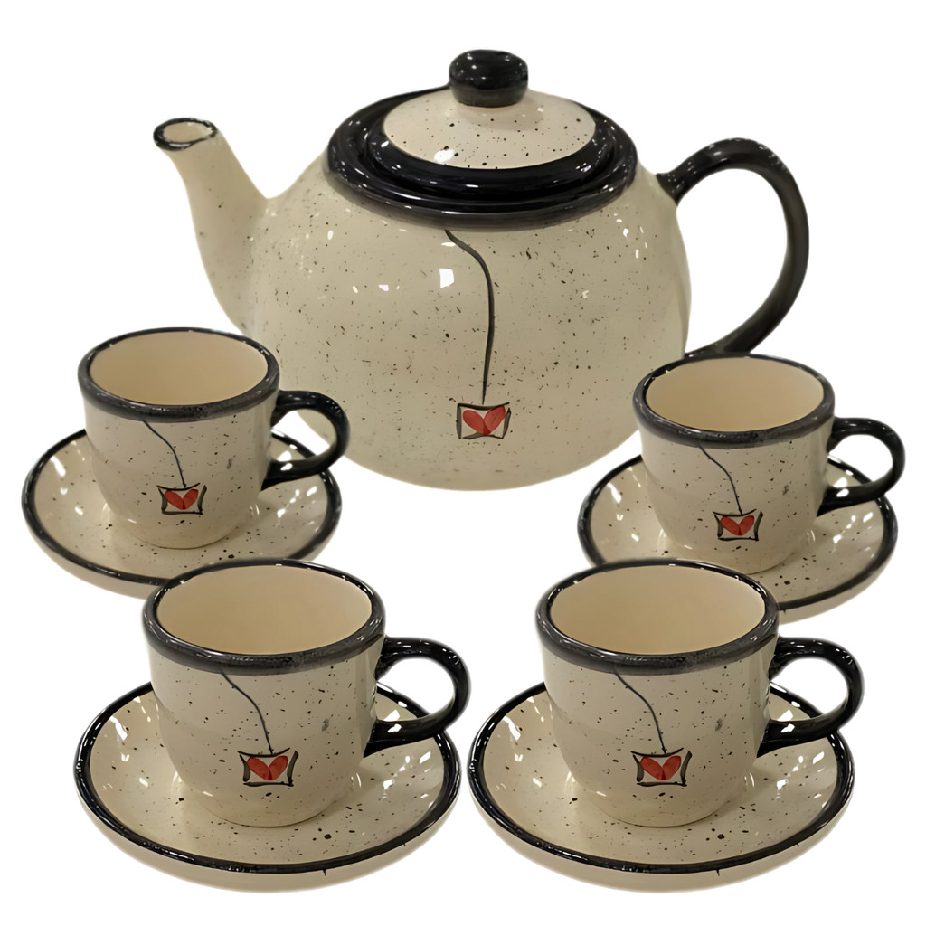 Kit Jogo De Chá Café 4 Xícaras 70ml + Bule 600ml Cerâmica