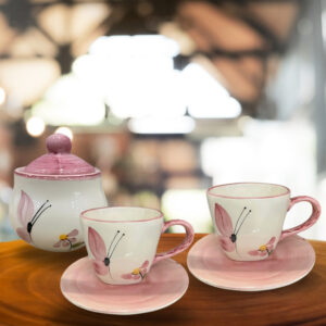 Xícaras De Chá 4 Unid Com Pires 200ml E Açucareiro Borboleta em cerâmica pintados a mão