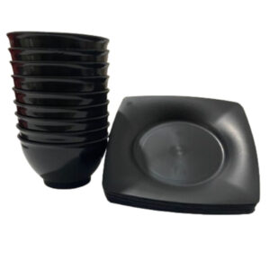 Kit 5 Cumbucas e 5 Pratos Quadrados de plástico reutilizável Preta Vermelha ou Rosa Festa Eventos