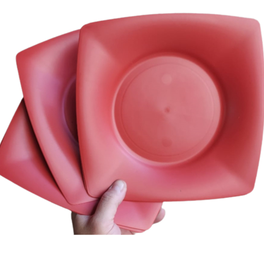Kit 10 Prato Quadrado Jantar Vermelho Grande de Plástico Refeição Restaurante Bar Festas 22cm