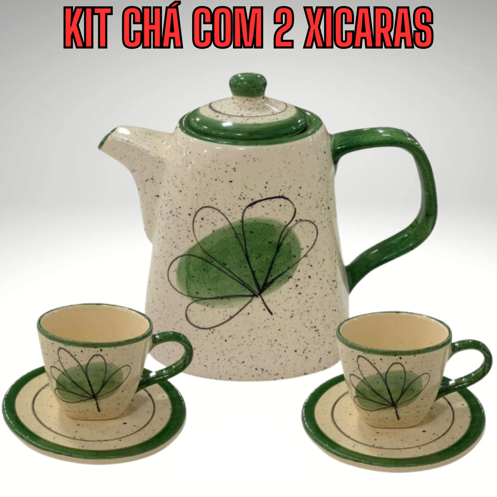 1 Chaleira e 2 Xícaras para café Cerâmica artística pintados a mão - Imagem 3