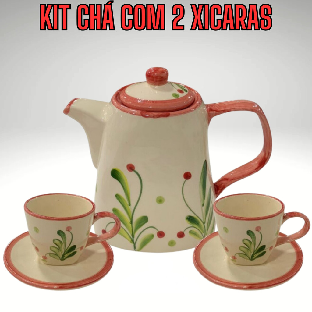 1 Chaleira e 2 Xícaras para café Cerâmica artística pintados a mão - Imagem 4