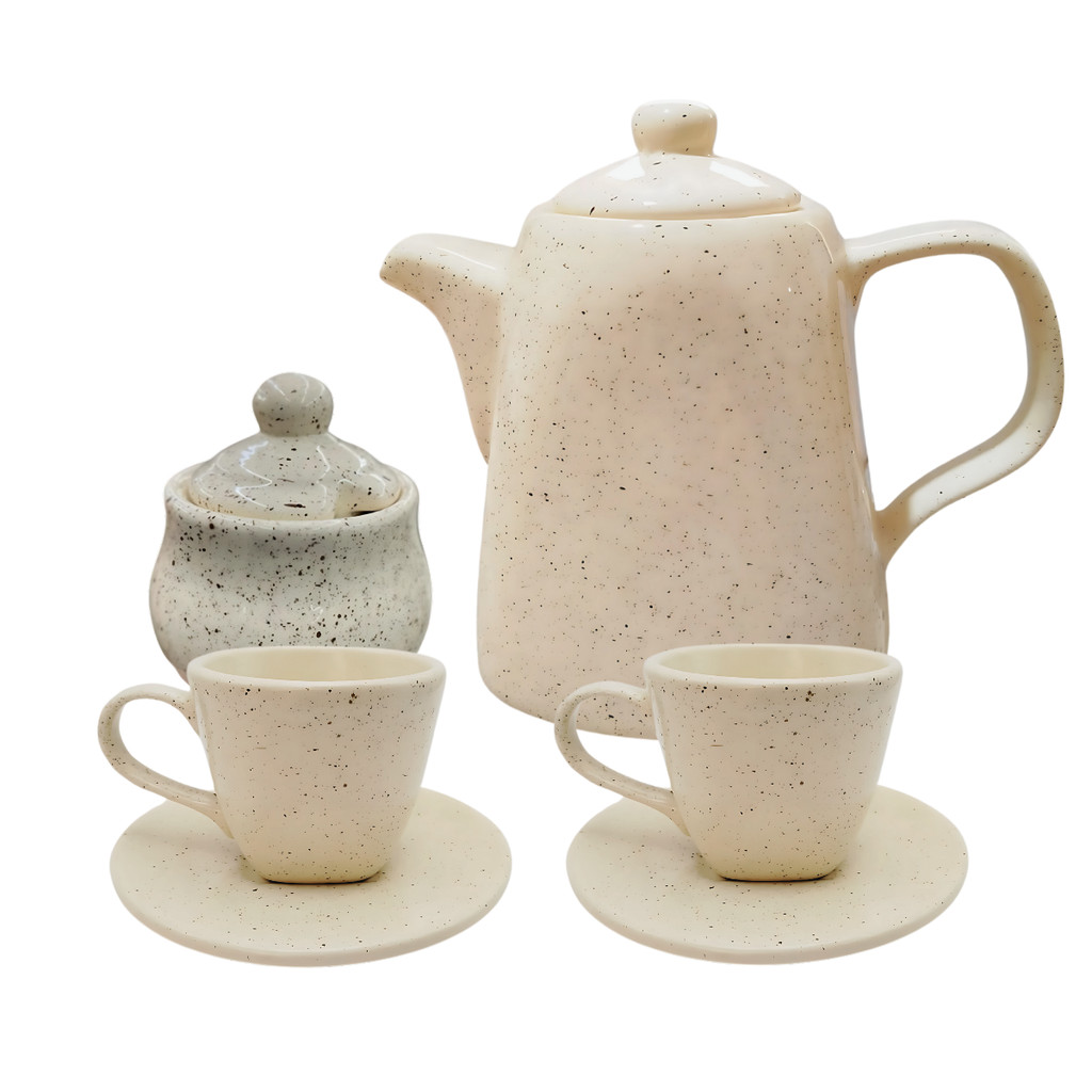 Chaleira Açucareiro 4 Xícaras Com Pires Para Servir Chá Chapiscado Cerâmica - Imagem 5