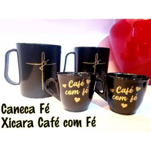 Kit 4 Caneca Fé 400ml  + 4 Xicaras  Café com Fé 70ml