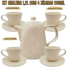 Kit 1 Chaleira de 1,2 Litros + 4 Xícaras de 200ml em Cerâmica Jogo de Chá Jogo de Café