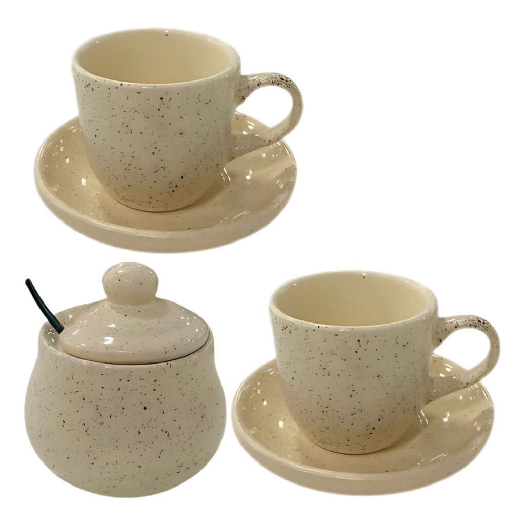 2 Xícaras De Café 60ml E Açucareiro Cerâmica Chapiscado - Imagem 2