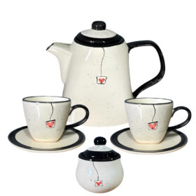 Conjunto de Chá Com Chaleira Açucareiro 2 Xícaras e Pires Pintados á Mão Preto