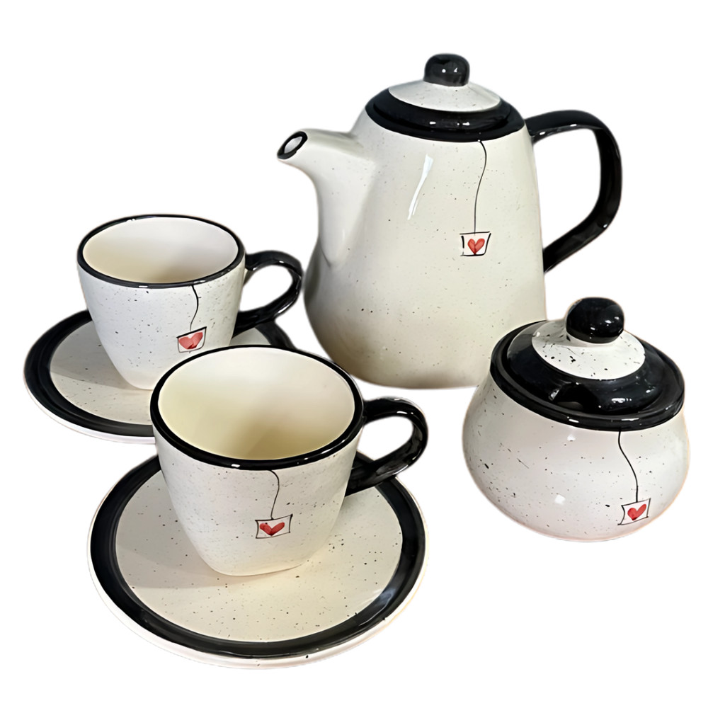 Conjunto de Chá Com Chaleira Açucareiro 2 Xícaras e Pires Pintados á Mão Preto - Imagem 2