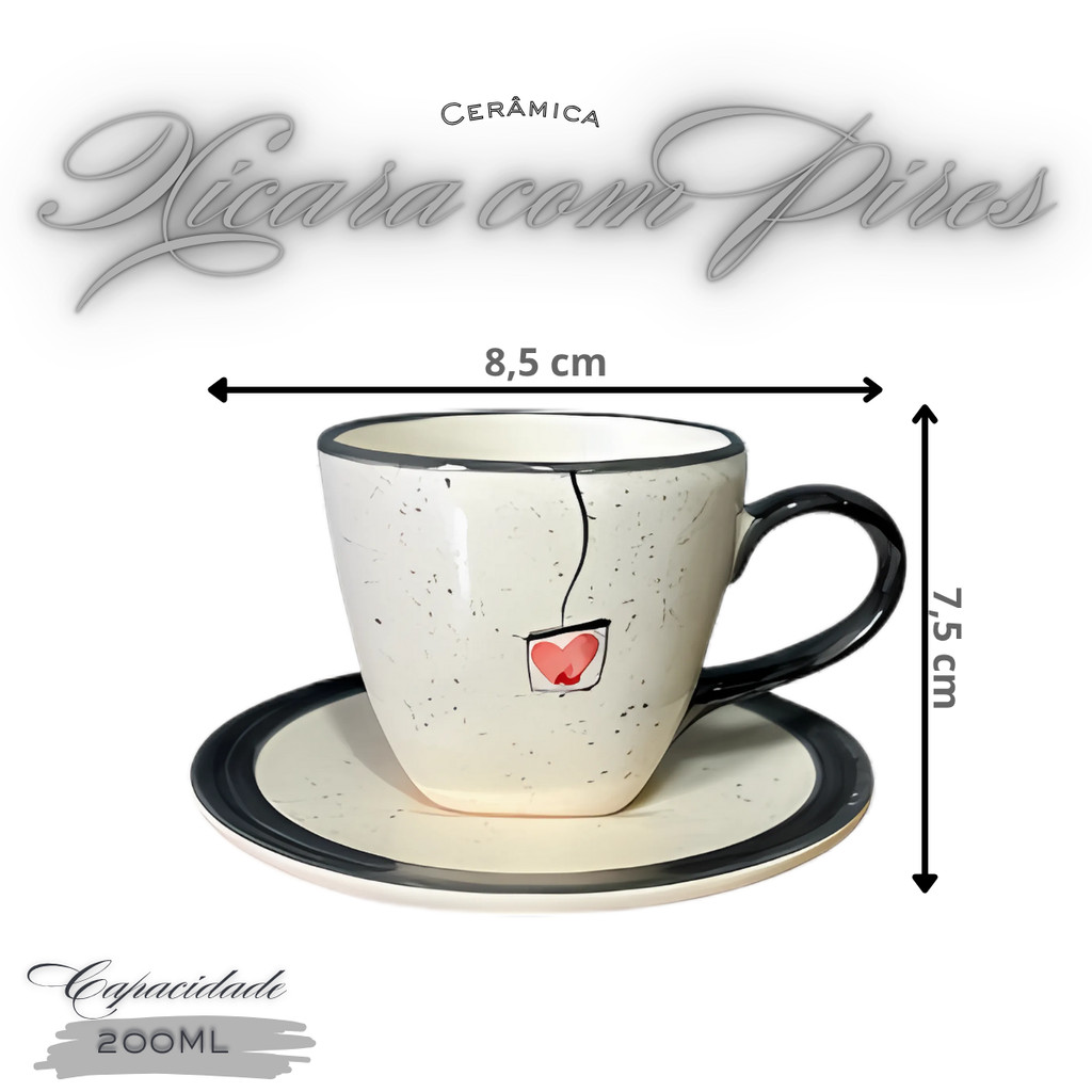 Conjunto de Chá Com Chaleira Açucareiro 2 Xícaras e Pires Pintados á Mão Preto - Imagem 4