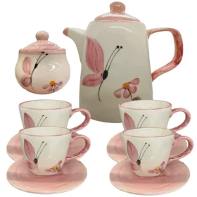 Chaleira Açucareiro 4 Xícaras Com Pires Para Servir Chá Borboleta Cerâmica