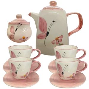 Chaleira Açucareiro 4 Xícaras Com Pires Para Servir Chá Borboleta Cerâmica