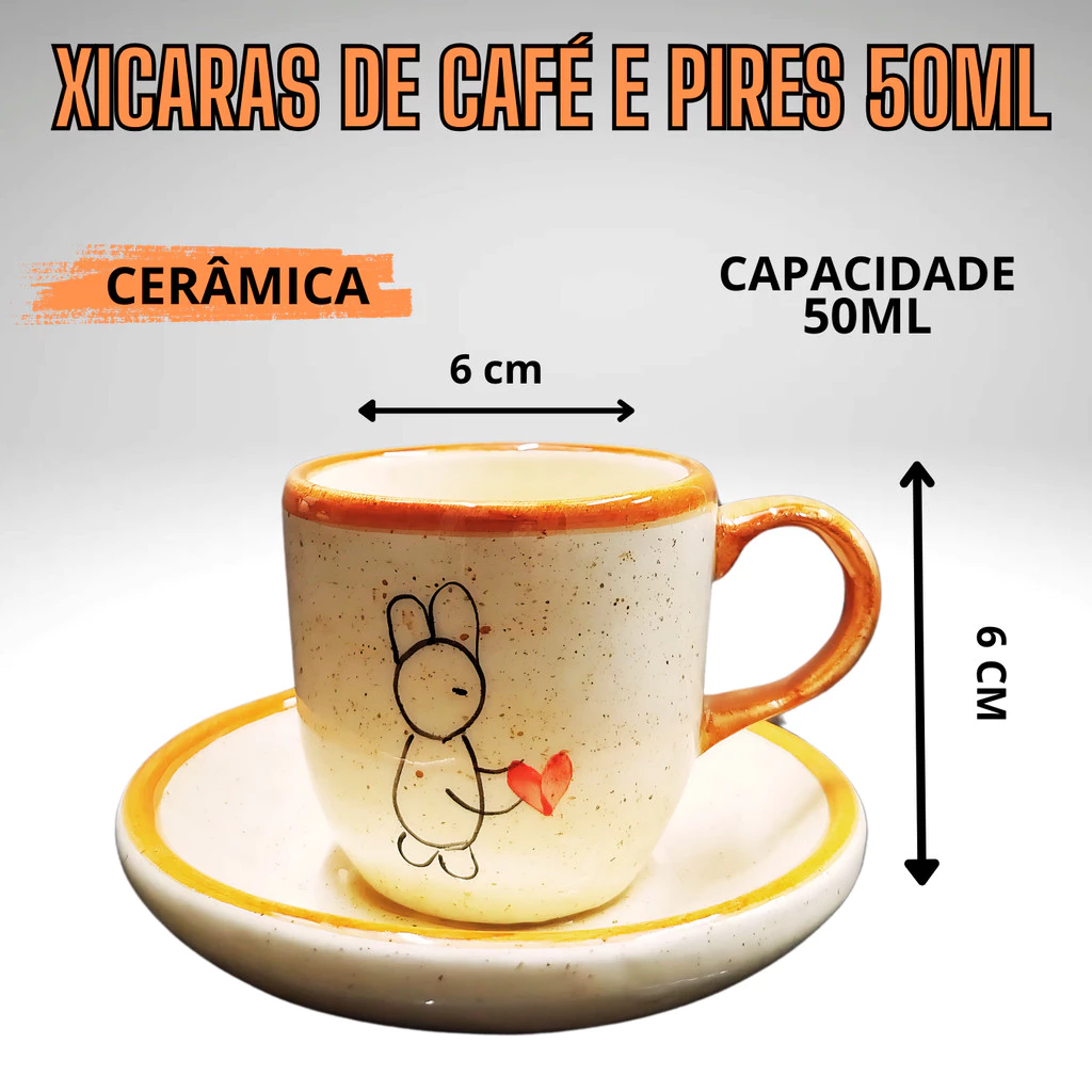 Kit de Chá com 1 Bule 1 Açucareiro e 2 Xicaras de café 50ml Coelho Páscoa Cerâmica Pintado a mão - Imagem 4
