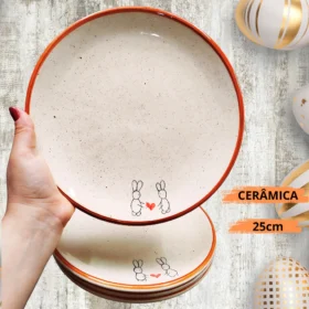 Prato de Jantar 25cm Refeição em Cerâmica Coelho Páscoa Pintado a Mão