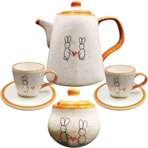 Kit de Chá com 1 Chaleira 1 Açucareiro 2 Xícaras para Café de 200ml Coelho da Páscoa jogo de xicara