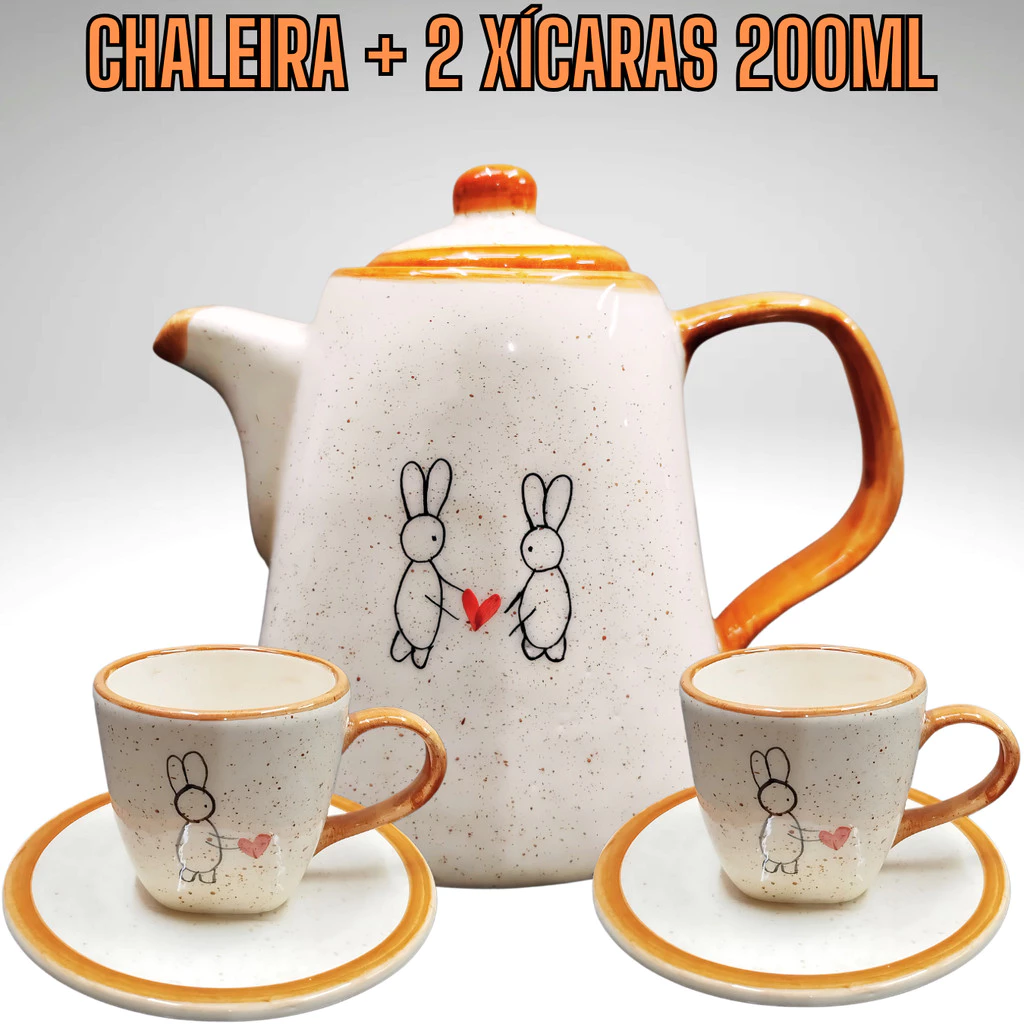 Kit de Chá ou Café 1 Chaleira + 2 Xícaras para chá ou café Decorado Coelho da Páscoa Cerâmica - Imagem 4