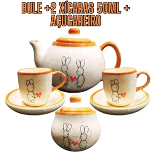 Kit de Chá com 1 Bule 1 Açucareiro e 2 Xicaras de café 50ml Coelho Páscoa Cerâmica Pintado a mão