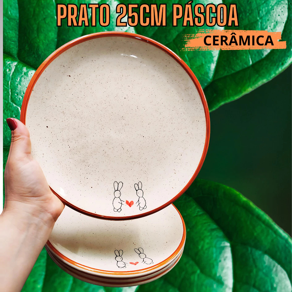 Prato de Jantar 25cm Refeição em Cerâmica Coelho Páscoa Pintado a Mão - Imagem 4