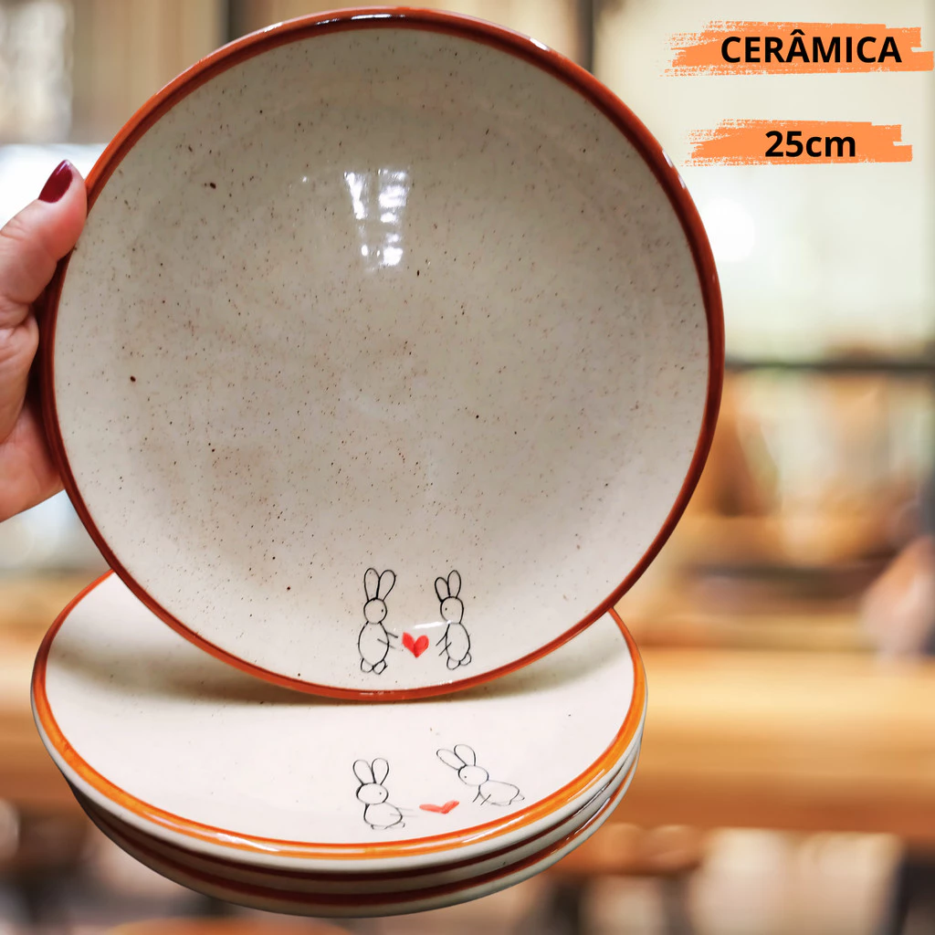Prato de Jantar 25cm Refeição em Cerâmica Coelho Páscoa Pintado a Mão - Imagem 6