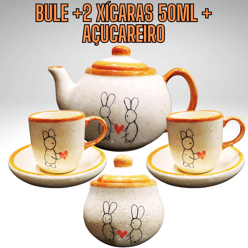 Kit de Chá com 1 Bule 1 Açucareiro e 2 Xicaras de café 50ml Coelho Páscoa Cerâmica Pintado a mão - Imagem 2