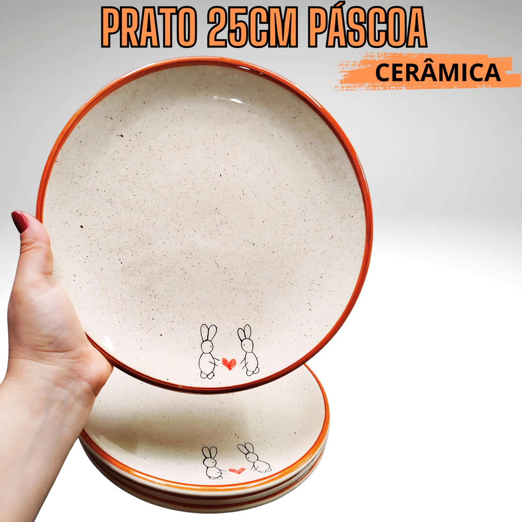 Prato de Jantar 25cm Refeição em Cerâmica Coelho Páscoa Pintado a Mão - Imagem 3