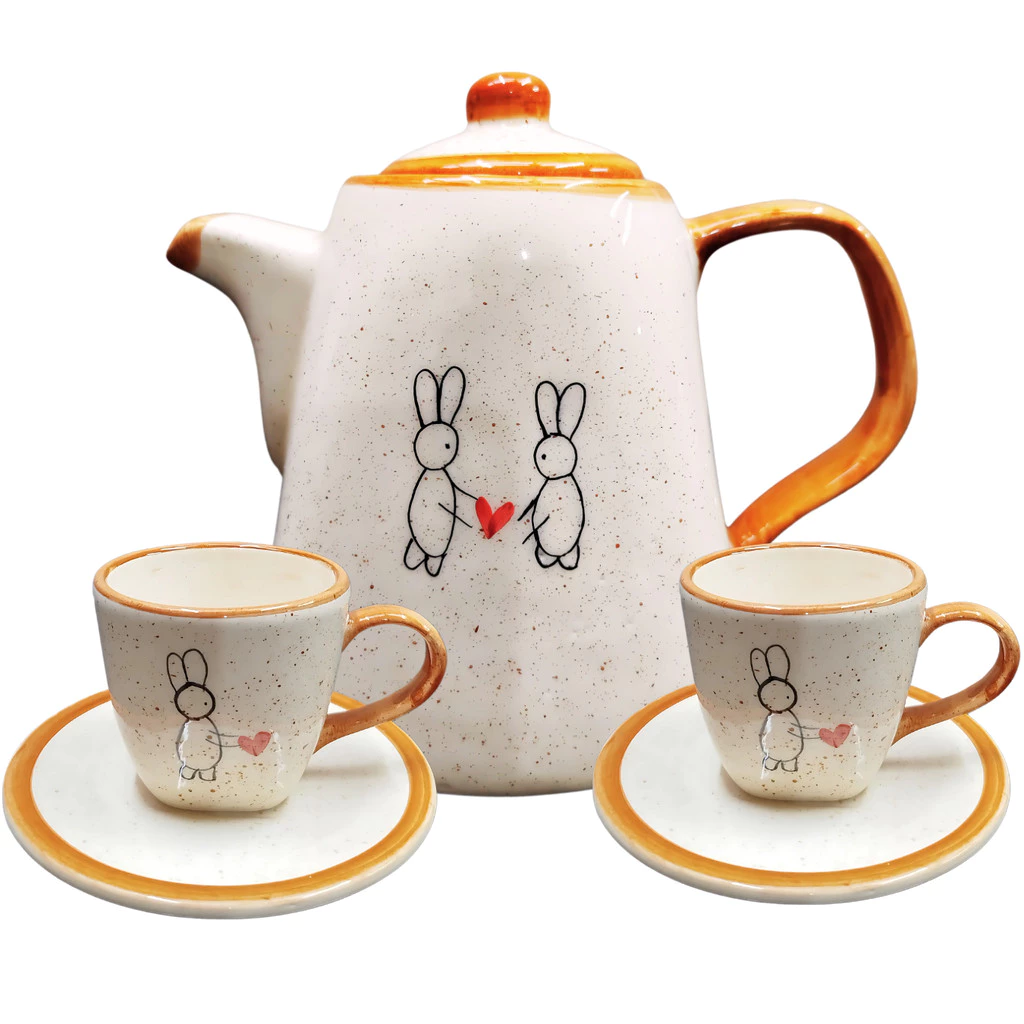 Kit de Chá ou Café 1 Chaleira + 2 Xícaras para chá ou café Decorado Coelho da Páscoa Cerâmica - Imagem 5