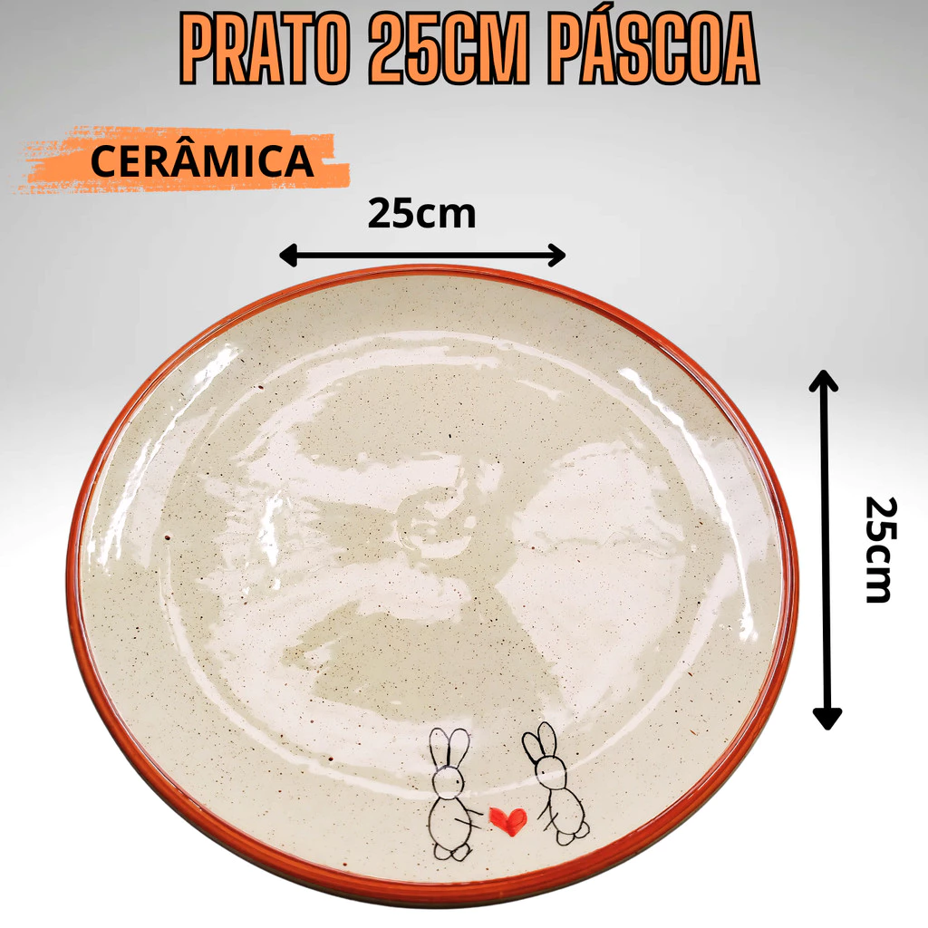 Prato de Jantar 25cm Refeição em Cerâmica Coelho Páscoa Pintado a Mão - Imagem 2