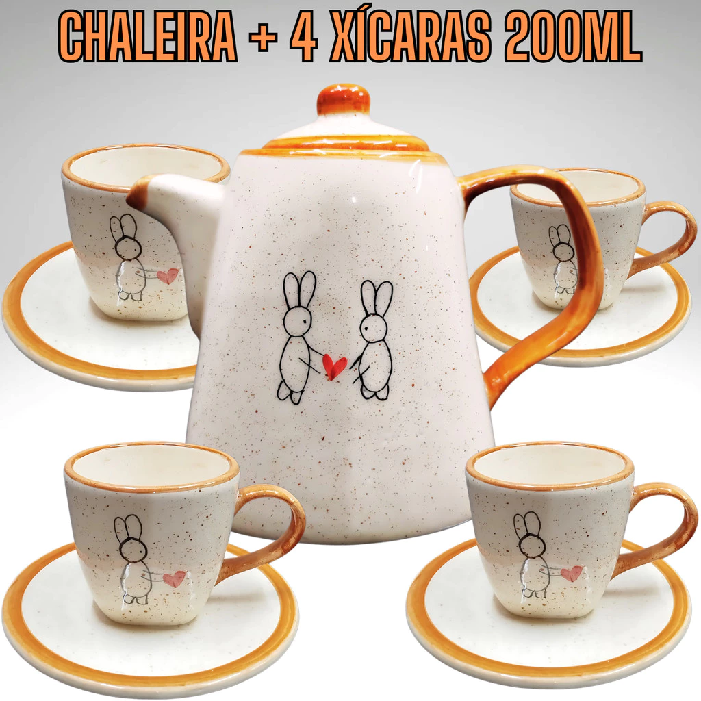 Kit de Chá ou Café 1 Chaleira + 4 Xícaras para chá 200ml café Decorado Coelho da Páscoa Cerâmica - Imagem 3