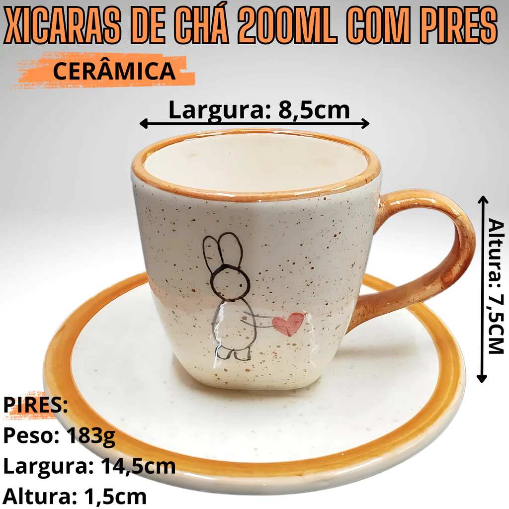 Kit de Chá ou Café 1 Chaleira + 2 Xícaras para chá ou café Decorado Coelho da Páscoa Cerâmica - Imagem 2