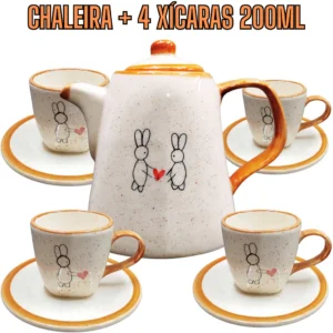 Kit de Chá ou Café 1 Chaleira + 4 Xícaras para chá 200ml café Decorado Coelho da Páscoa Cerâmica